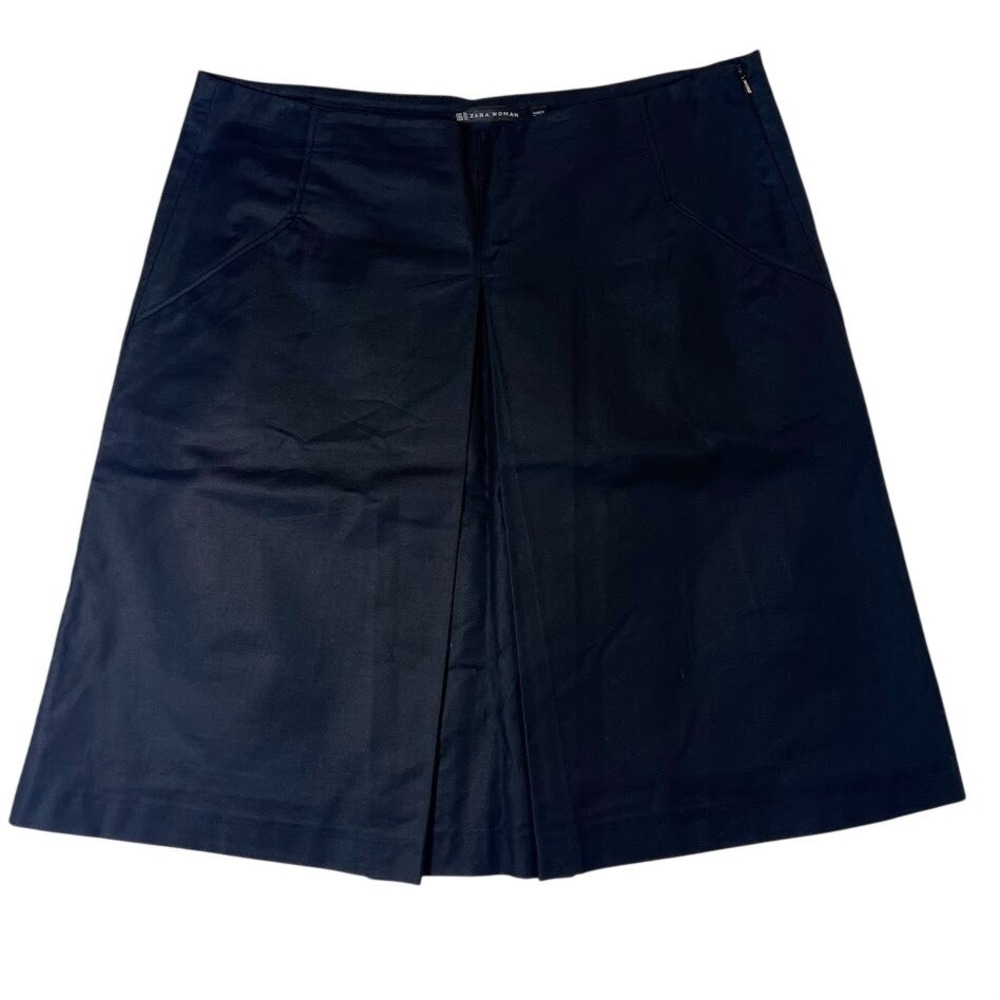 Zara Woman A-Line Pleated Skirt Black Cotton Blend Side Zip Pockets Womens XL